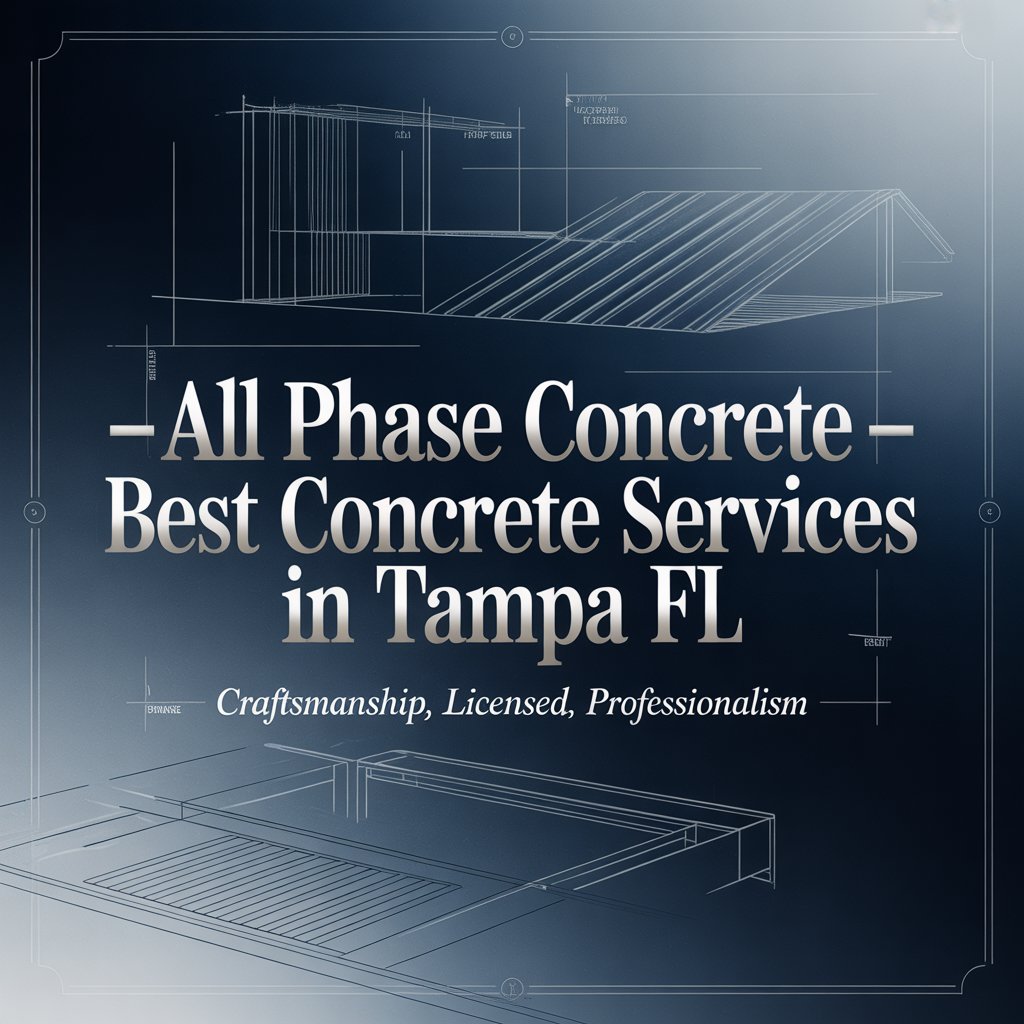 Blueprint-style branded graphic featuring architectural line drawings of a concrete driveway and slab over a deep blue background, with the title 'All Phase Concrete - Best Concrete Services in Tampa FL' and the tagline 'Craftsmanship, Licensed, Professionalism'.